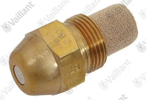 Vaillant Brennerdüse mit zylindrischer Form und feinem Sieb an der Oberseite, hergestellt aus Messing.